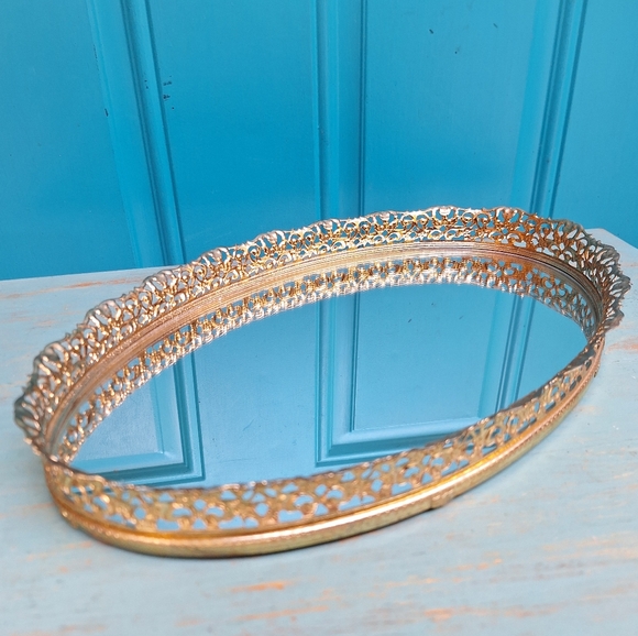Vintage Vanity Mirror Tray Gold Perfume Trey MCM Art Deco Oval Shape Ornate Mint - Picture 10 of 11